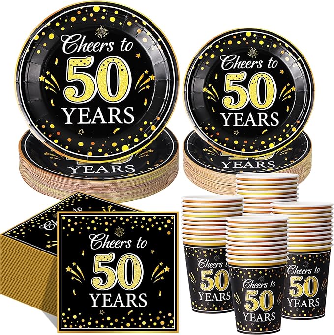Pickmesh 250 Pcs 50th Birthday Party Supplies Decorations Serve 50 Black Gold Cheers to 50 Years Disposable Paper Plates Napkins and Cups for Women Men 50th Birthday Wedding Anniversary Party Supplies