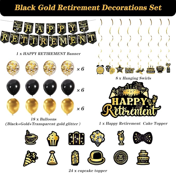 52PCS Happy Retirement Party Decorations for Men Women, Black and Gold Retirement Decorations,Happy Banners,Balloons,Cake&Cupcake Toppers Hanging Swirls,Office Yard Sign Farewell Party Supplies