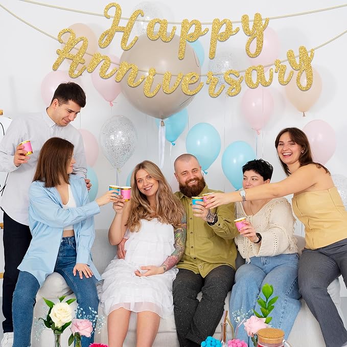 Happy Anniversary Banner Sign Gold Glitter Wedding Bunting Banner Flag Garland for Anniversary Party Decorations Supplies