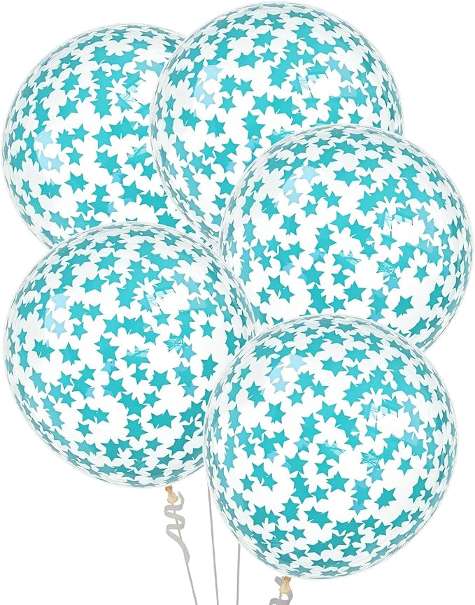 VHUWE 25 Pcs Teal Blue Star Confetti Balloons, 12 Inch Clear Latex Balloon with Confetti Inside for Birthday Party Baby Shower Graduation Engagement Bridal Shower Decorations Supplies -Teal Blue Star