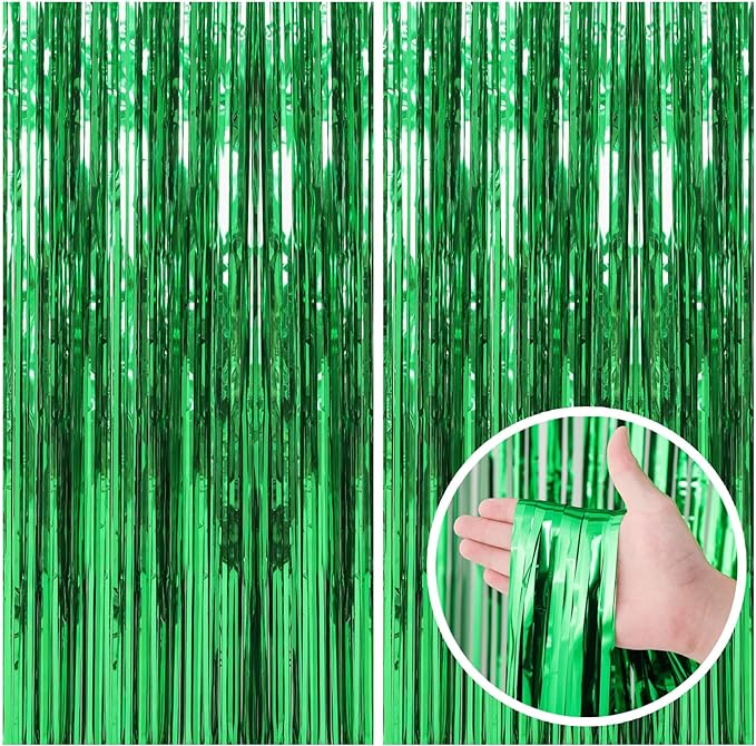 2 Pack Green Streamers Backdrop Jungle Party Decorations Foil Fringe Backdrop Curtains Photo Booth Backdrop for Birthday Dinosaur Animal St Patrick's Day Football Christmas Party Decorations