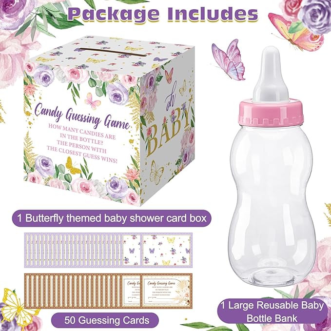 Glenmal 52 Pcs Baby Shower Games Gift Sets Large Baby Bottle for Shower Game Guess How Many Candies Decorations for Gender Reveal(Butterfly)