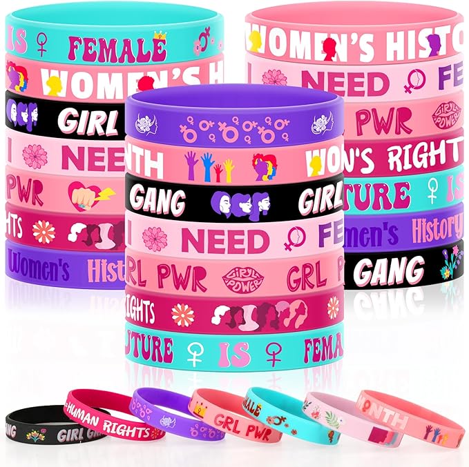 JUNEBRUSHS 42 Pack Women's History Month Silicone Wristbands with Inspirational Messages, 6 Vibrant Designs of Women's History Month Bracelets for Events Gifting