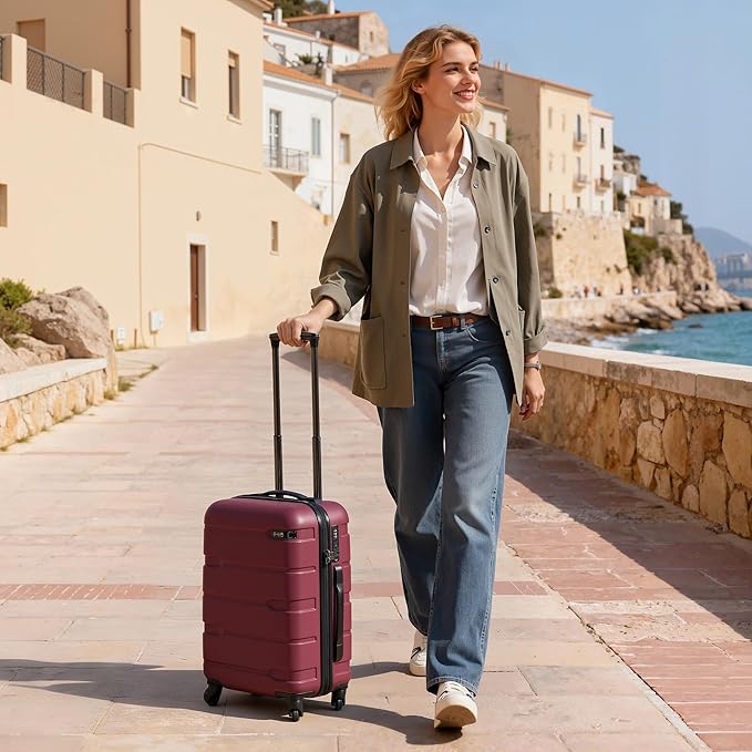 Coolife Carry On Luggage 22x14x9 Airline Approved Hardside PC+ABS Suitcase with TSA Lock, Lightweight Rolling Travel Luggage with Spinner Wheels(Radiant Pink, 20in)