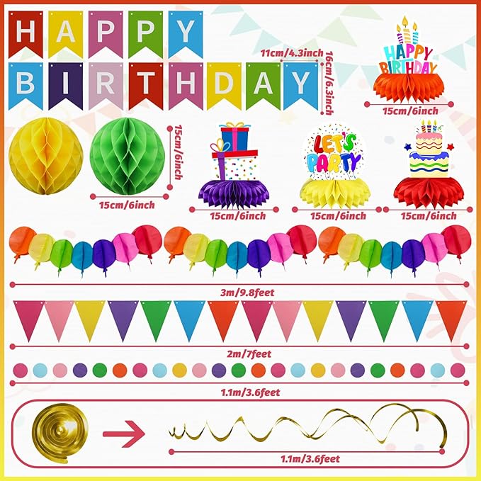 Birthday Decorations Kit, Happy Birthday Banner with Table Centerpieces, Colorful Paper Flag Garland, Hanging Swirl Streamers & Honeycomb Balls for All Birthday Party Decorations