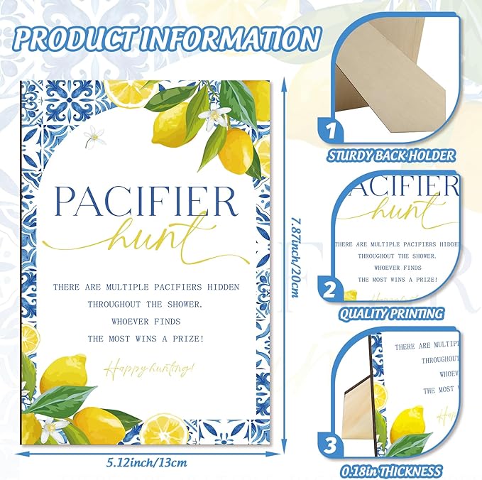 Whaline 51 Pcs Pacifier Hunt Baby Shower Game Include Tile Lemon Wooden Sign 50 Blue Plastic Pacifier for Gender Reveal Party Favor Gift Supplies