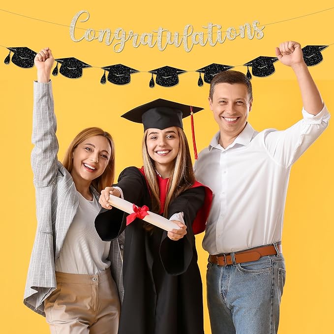 Congratulations Banner - 9 ft Pre-Strung Graduation Banner, Graduation Party Decorations & Decor for Elementary, 5th Grade, 8th Grade, High School, College, Congrats Grad Sign