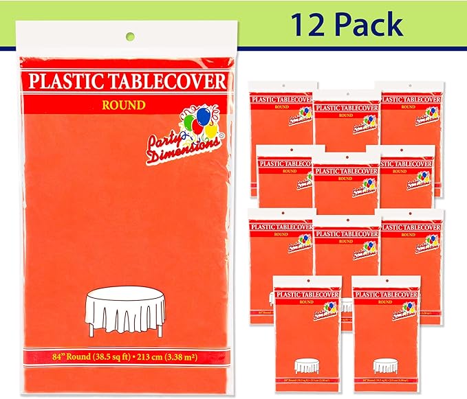 Party Dimensions Orange Tablecloths - Plastic for Round Tables, 84" (12 Pack) Premium Disposable Table Covers for Parties & Weddings, Indoors/Outdoors