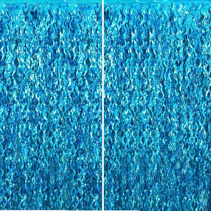 TONIFUL 2Pcs Wavy Metallic Tinsel Foil Fringe Curtains Teal Blue Streamer Backdrop for Photo Booth Props,Party Door Wall Curtains,Bachelorette,Underwater World Birthday Party Decor (6.6ft x 6.6ft)