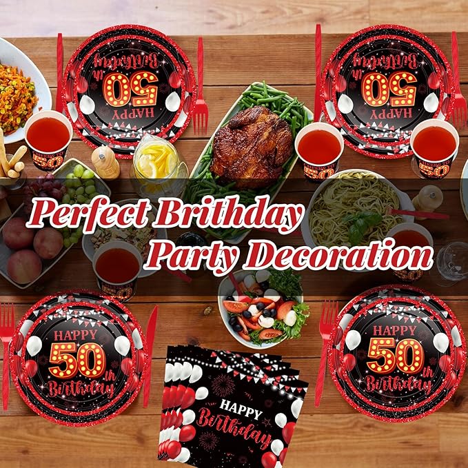 240 Pcs 50th Birthday Decorations 1976 Birthday Party Tableware Include Plates Napkins 9oz Cups Cutlery 50th Anniversary Party Supplies for Men Women Him Her, Serve 30 Guests (Black Red)