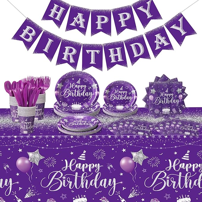 Vesici 171 Pcs Happy Birthday Party Supplies 24 Set Disposable Party Tableware include Plates Cups Napkins Cutlery and Banner Tablecloth Birthday Dinner Decorations for Men Woman(Purple, Silver)