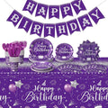 Vesici 171 Pcs Happy Birthday Party Supplies 24 Set Disposable Party Tableware include Plates Cups Napkins Cutlery and Banner Tablecloth Birthday Dinner Decorations for Men Woman(Purple, Silver)