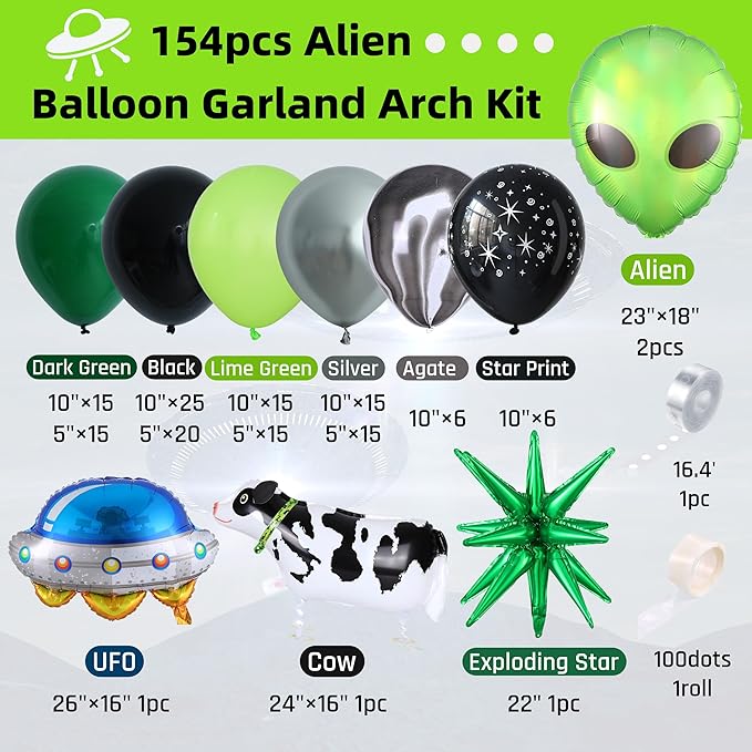 154pcs Alien Balloon Arch Kit - Green Black Silver Latex Balloons with Alien/UFO/Cow/Burst Foil Balloons for Alien Decorations, Space Birthday, Trunk or Treat Car Decor