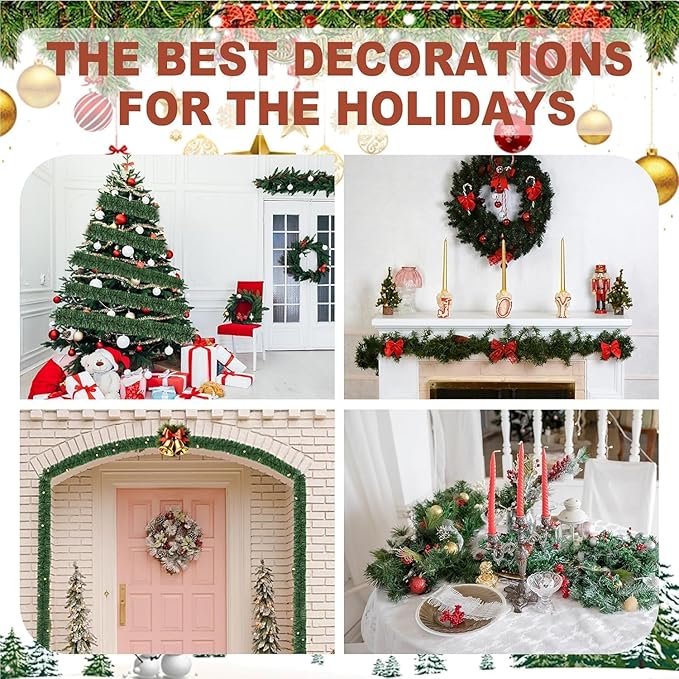 Christmas Garland 54 Feet - 3 Stands Artificial Evergreen Garland Soft Greenery Garland Set for DIY Christmas Decoration, Non-Lit Indoor Outdoor Garlands for Stair Railing/Mantle/Holiday/Party Decor