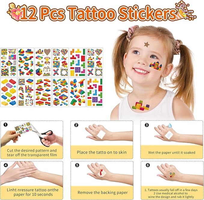 Party Favors for Kids Ages 6-12, 134 Pcs Building Blocks Toys for Boys Girls Kids with Temporary Tattoo Gift Bag, Goodie Bags & Stocking Stuffers Kid Classroom Prizes, Birthday Gifts Party Decorations