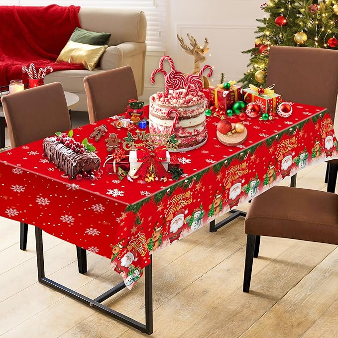 3 Pcs Merry Christmas Tablecloth - Winter Christmas Table Cloth, Disposable Plastic Rectangle Red Xmas Holiday Table Cover for Christma Decorations Party Supplies Tables Decor Favors, 108x54Inch