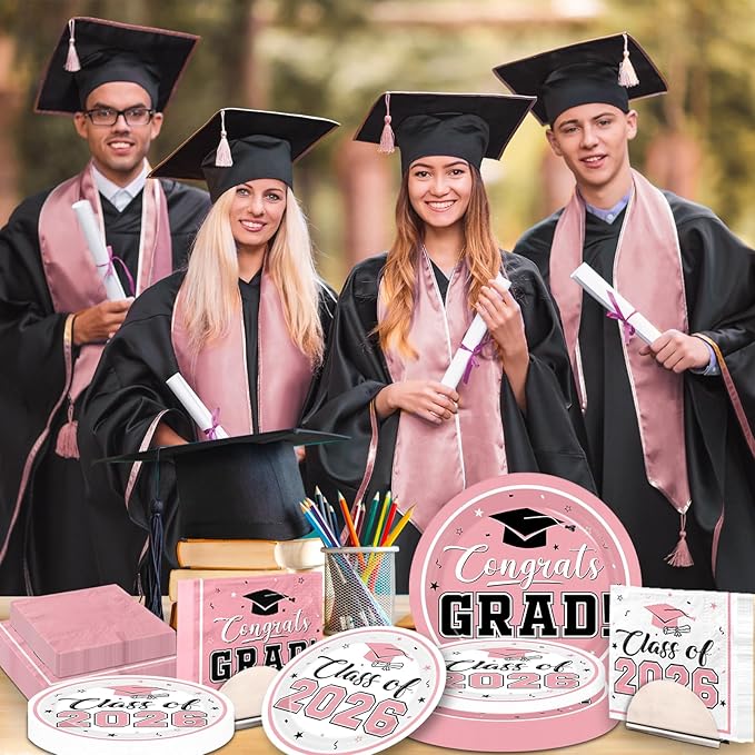 Graduation Party Plates and Napkins Pink Class of 2026 Grad Congrats Party Supplies Disposable Dessert Paper Plates Cocktail Napkins forGraduation Party Decorations,Serve 50