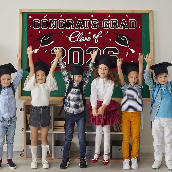 2026 Graduation Party Plastic Backdrop - 65" x 32.7" Congrats Grad Banner in Maroon, Large Class of 2026 Decorations, Photography & Grad Party Supplies