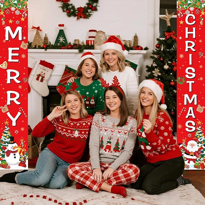 Merry Christmas Front Door Porch Banner, Christmas Sign Holiday Hanging Banner for Xmas Party Decorations, Indoor, Outdoor, Holiday Family Gathering, Winter Party Supplies