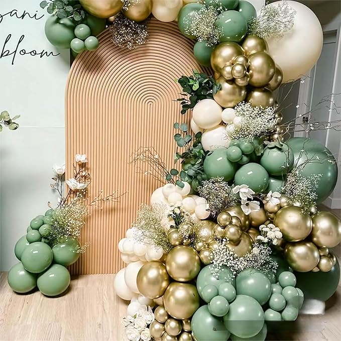 Sage Green White Gold Balloon Garland Arch Kit, 146Pcs Latex Balloons Different Sizes 18 12 10 5 Inch for Birthday Baby Shower Gender Reveal Wedding Party Decoration