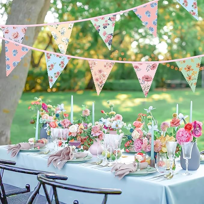 2PCS Floral Paper Garland, 13ft Vintage Wildflower Bunting Triangle Banner for Tea Party Birthday Baby Shower Wedding Garden Party Mother's Day