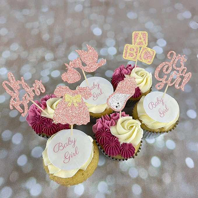 24Pcs Baby Shower Oh Baby Cupcake Toppers Rose Gold Glitter Bow Dress Bottle Swan It's a Girl Cake Picks Decorations for Baby Shower Gender Reveal Girls Birthday Party Supplies