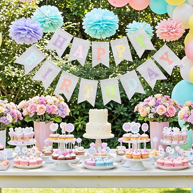 Happy Birthday Banner - Pre‑Strung Burlap Birthday Decorations and Reusable Birthday Sign for Men, Women & Kids | Party Supplies Backdrop (Macaron)