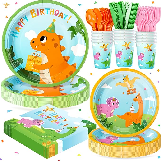 168PCS Dinosaurs Birthday Party Supplies for 24 Guests, Dinosaurs Themed Paper Plates Napkins Cups Cutlery, Dinosaur Disposable Tableware Set for Birthday Baby Shower Party Decorations