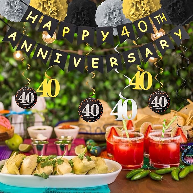 40th Anniversary Decorations Kit - 16 Pcs: 1 Happy Banner, 9 Sparkling 40 Hanging Swirls, 6 Poms - Wedding Party Supplies