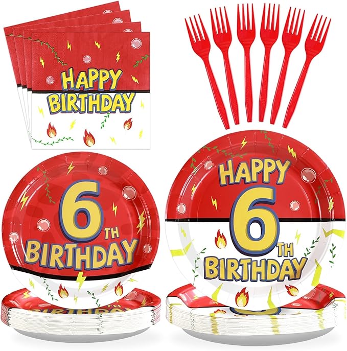 Grencian 96Pcs Happy 6th Birthday Party Supplies Cartoon Anime Themed Paper Plates and Napkins Tableware Sets Red and White Decoration for 6 Year Old Birthday Kids Children Party Serves 24