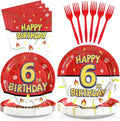 Grencian 96Pcs Happy 6th Birthday Party Supplies Cartoon Anime Themed Paper Plates and Napkins Tableware Sets Red and White Decoration for 6 Year Old Birthday Kids Children Party Serves 24