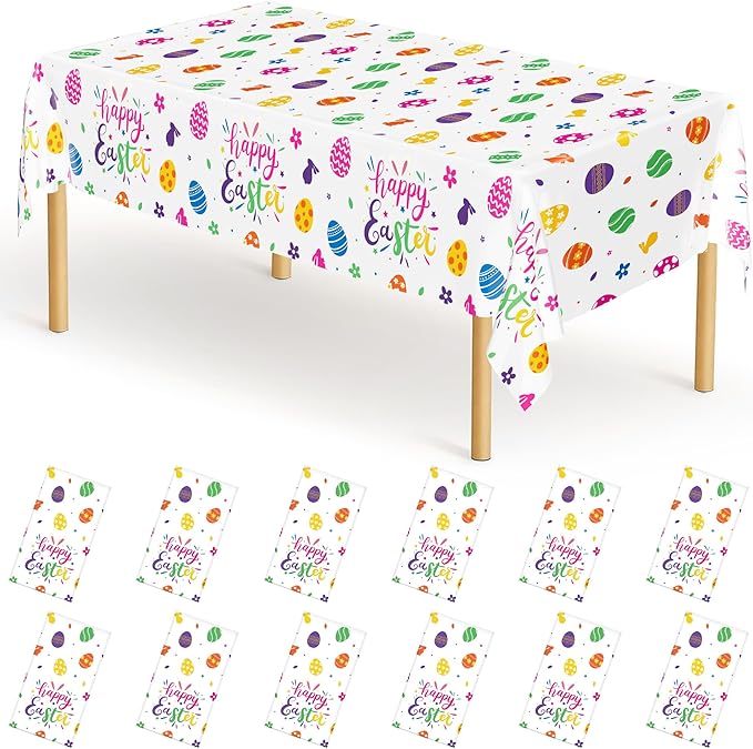 QZYL 12 Pack Easter Tablecloths Rectangular, 54" x 108" Disposable Easter Tablecloth Easter Decorations, Plastic Eggs Bunny Spring Tablecloth, Easter Table Cloth for Picnic Party Decorations Supplies