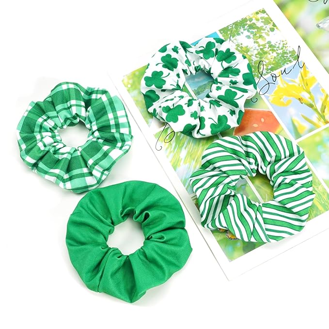 St.Patrick's Day Hair Ties for Woman Girls Green Striped Plaid Shamrock Hair Scrunchies Elastic Irish Lucky Leaf Hair Tie St.Patricks Party Supplies Hair Accessories