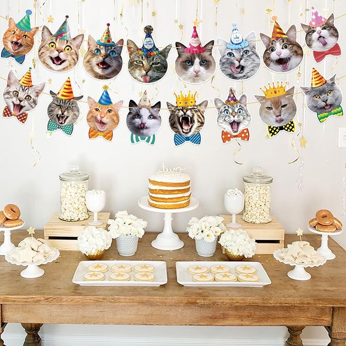 Cat Happy Birthday Banner - Cat Birthday Party Decorations Party Decor Supplies for Kids, Boys, Girls, Baby Showers