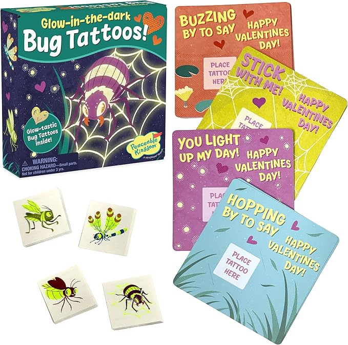 Valentine's Day Gift for Kids, Fun Party Favors for Classroom, Goodie Bag Stuffers - 28 Glow in the Dark Bug Tattoos