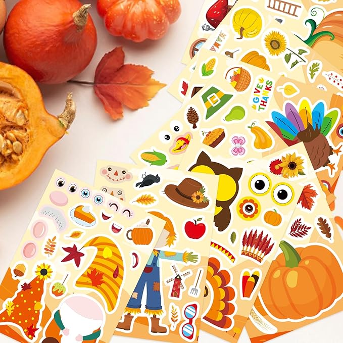 24 PCS Thanksgiving Stickers, Make a Turkey Face Stickers for Kids, Make Your Own Sticker Thanksgiving Party Favors Supplies, Fall Autumn Harvest Pumpkin Sticker