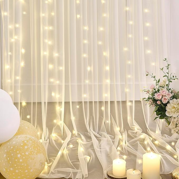 10×15ft Champagne Tulle Backdrop Curtain with Lights String for Parites Sheer Fabric Backdrop Curtains for Wedding Baby Shower Birthday Party Backdrop Drapes Bridal Shower Photo Shoot Background