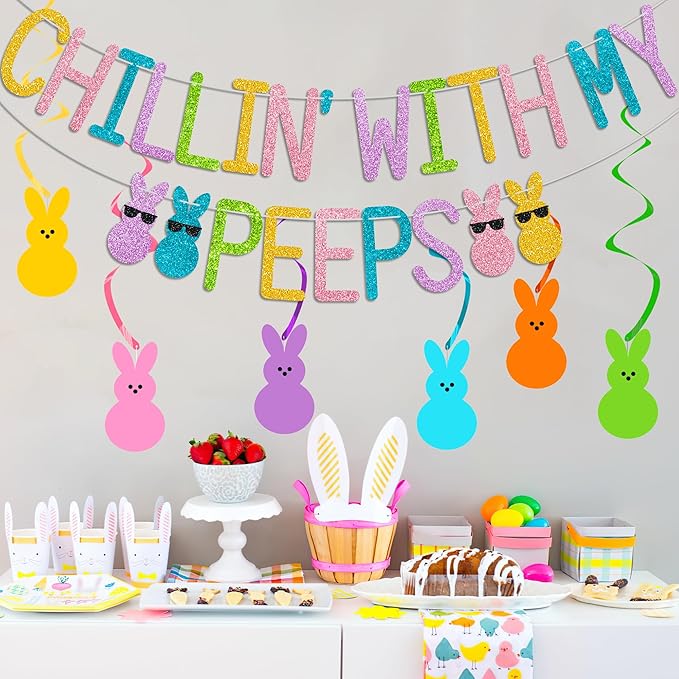 Glitter Chillin with My Peeps Banner with Bunny Hanging Swirls - NO DIY - Easter Party Decorations, Happy Easter Banner for Spring Easter Bunny Party Supplies Easter Peeps Decorations