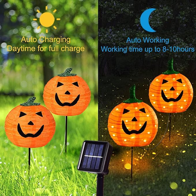 Solar Halloween Pumpkin LED Lights, Set of 2 Big Pumpkin Stake Lights 2 Modes for Outdoor Halloween Pathway Yard Garden Decoration (Warm White-Pumpkin, 2 Pack)