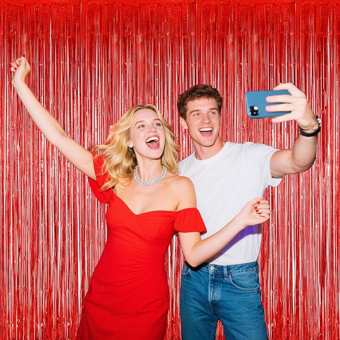 Red Foil Curtains for Birthday Parties, 3.28 x 6.56ft Shiny Metallic Tinsel Backdrop with Fringe | Easy to Hang, Reusable Party Supplies for Home, Stage, Photo Booth
