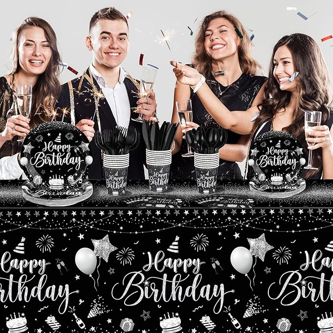 Vesici 171 Pcs Happy Birthday Party Supplies 24 Set Disposable Party Tableware include Plates Cups Napkins Cutlery and Banner Tablecloth Birthday Dinner Decorations for Men Woman(Black, Silver)