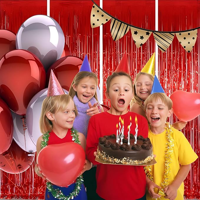 Valentines Day 4 Pack 3.3 * 8.3 ft Foil Curtain Metallic Tinsel Fringe Curtains Photo Booth Props Backdrop for Birthday Wedding Engagement Baby Shower Christmas Holiday Celebration Partyl,Red