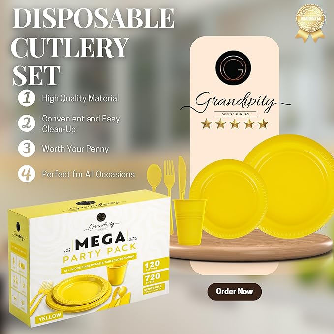 Grandipity 720 Piece Yellow Disposable Dinnerware Set, Plastic Dinnerware Set Includes 120 Count 9' Dinner Plates, 7' Dessert Plates, 12oz Cups, Forks, Knives & Spoons