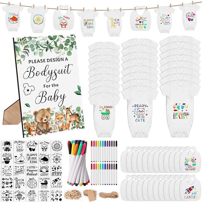 201 Pcs Baby Shower Set Baby Shower Game Sign Baby Bib Bodysuit White Baby Bib Newborn Bodysuit Baby Shower White Decorating Kit(Woodland Animal)
