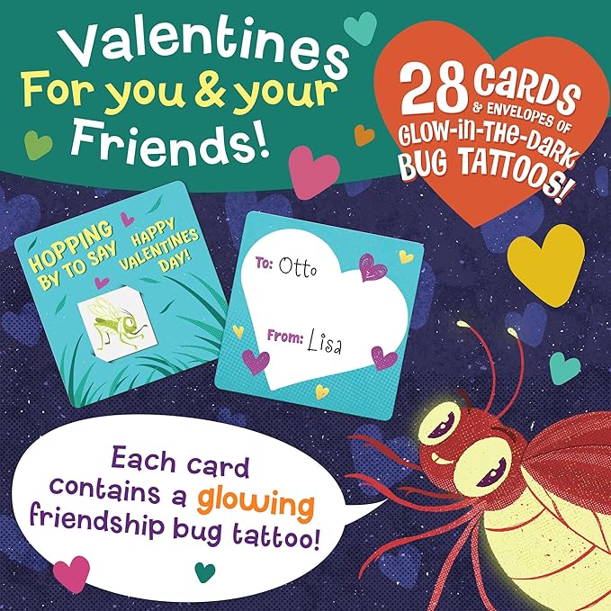 Valentine's Day Gift for Kids, Fun Party Favors for Classroom, Goodie Bag Stuffers - 28 Glow in the Dark Bug Tattoos