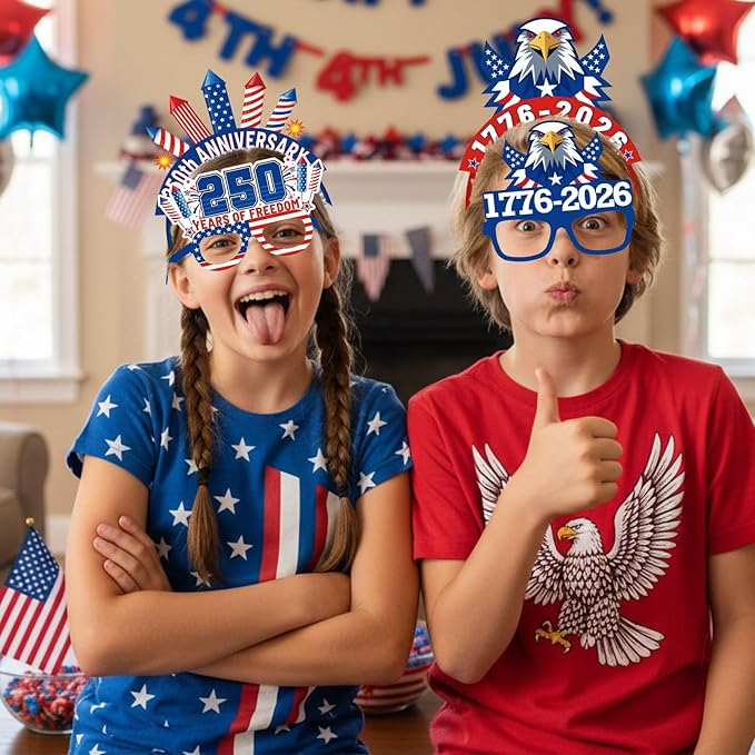 Pajean 32 Pcs 250th Anniversary USA Party Supplies Include 16 Paper Eyeglasses 16 Headbands 4th of July Patriotic Photo Booth Props for Independence Day Memorial Day Patriotic Party Favors Decors
