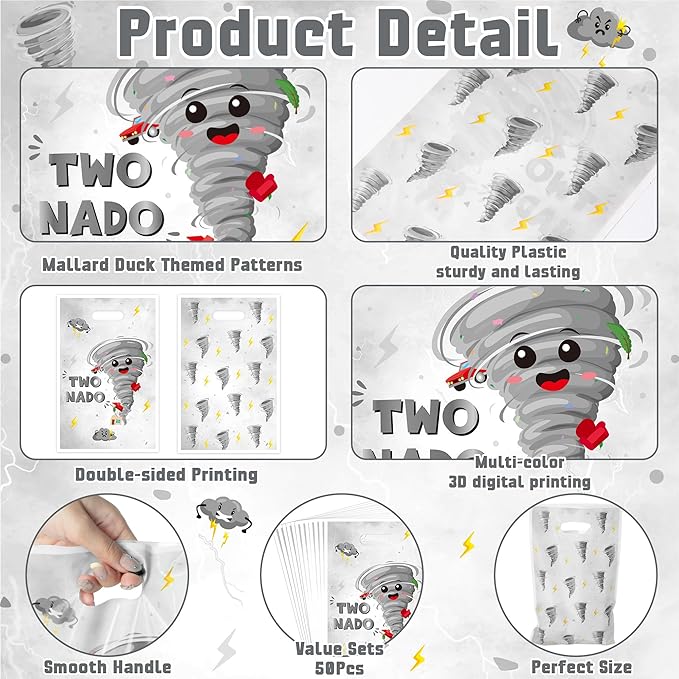 Two Nado Party Favor Bags - 50Pcs Gray Tornado Patterns Goody Candy Treat Bags for Kid, Cute Two Nado Theme Plastic 2nd Birthday Party Favor Supplies Decorations for Baby Boys Girls Baby Shower