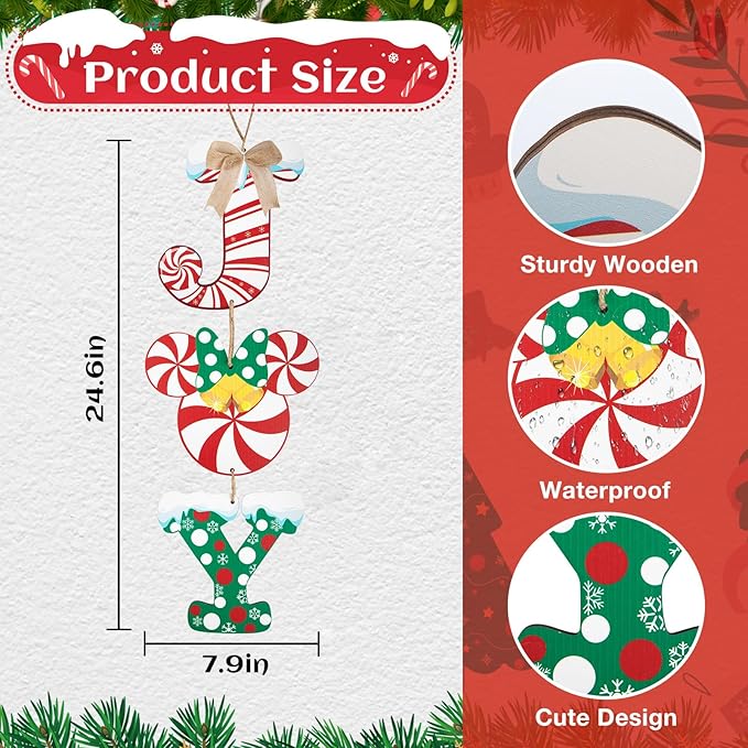 Christmas Joy Door Sign Decorations, Wooden Wall Hanging Sign Décor for Christmas Party Supplies, Peppermint Wood Mouse Shaped Decorative Xmas Home Porch Plaques Ornaments Indoor and Outdoor (JOY)