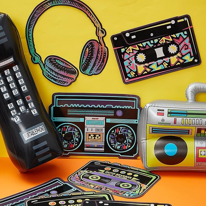 Zhanmai 26 Pieces 80s 90s Party Decorations Inflatable Boombox Radio Mobile Phone Gold Foil Chain Balloons 80s 90s Props Retro Cassette Headphones Player Cutouts for Hip Hop Party Supplies