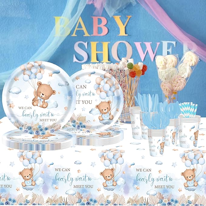 Bear Baby Shower Decorations for Boy – 193 Pcs We Can Bearly Wait Party Supplies for 24 Guests, Includes Plates, Napkins, Cutlery, Tablecloth – Blue Bear Theme Baby Shower Decor